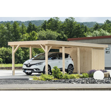 Offener Holzcarport mit Abstellraum und geparktem Auto