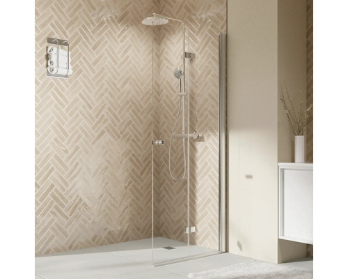 Douche à l'italienne avec porte pivotante pliante BREUER Elana 2.0 90 x 200 cm couleur du profilé rond chrome décor de vitre verre transparent butée de porte à droite poignée tampon