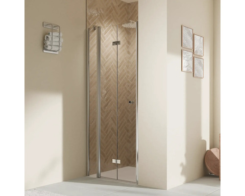 Porte de douche dans niche avec porte pivotante pliante avec partie fixe BREUER Elana 2.0 90 x 200 cm couleur du profilé rond chrome décor de vitre verre transparent butée de porte à gauche poignée tampon