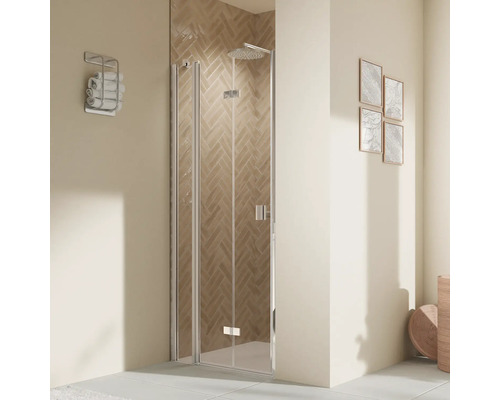 Porte de douche dans niche avec porte pivotante pliante avec partie fixe BREUER Elana 2.0 90 x 200 cm couleur du profilé carré argent décor de vitre verre transparent butée de porte à gauche poignée tampon