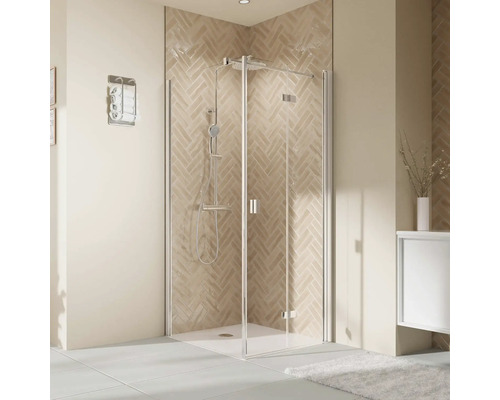 Porte de douche pour paroi latérale avec porte pivotante pliante BREUER Elana 2.0 100 x 200 cm couleur du profilé carré noir décor de vitre verre transparent butée de porte à droite poignée tampon