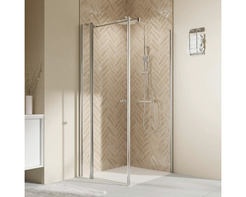 Porte de douche pour paroi latérale avec porte pivotante sur partie fixe BREUER Elana 2.0 100 x 200 cm couleur du profilé rond blanc décor de vitre verre transparent butée de porte à gauche