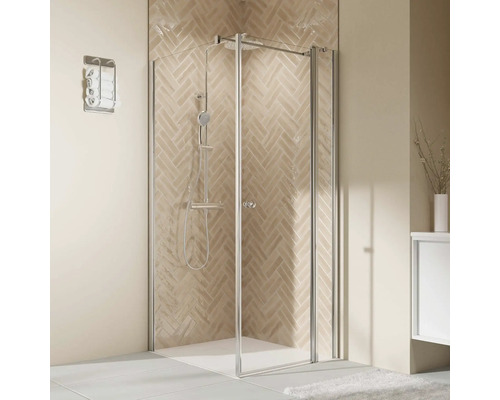 Porte de douche pour paroi latérale avec porte pivotante sur partie fixe BREUER Elana 2.0 90 x 200 cm couleur du profilé rond noir décor de vitre verre transparent butée de porte à droite