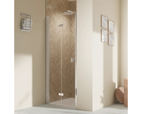 Porte de douche dans niche avec porte pivotante pliante BREUER Elana 2.0 100 x 200 cm couleur du profilé carré chrome décor de vitre verre transparent butée de porte à gauche poignée tampon