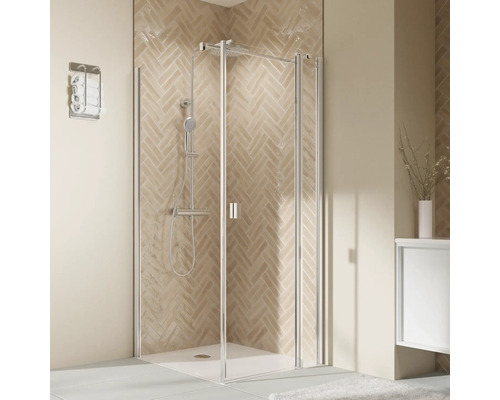 Porte de douche pour paroi latérale avec porte pivotante sur partie fixe BREUER Elana 2.0 90 x 200 cm couleur du profilé carré blanc décor de vitre verre transparent butée de porte à droite