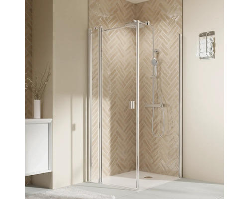 Porte de douche pour paroi latérale avec porte pivotante sur partie fixe BREUER Elana 2.0 90 x 200 cm couleur du profilé carré noir décor de vitre verre transparent butée de porte à gauche