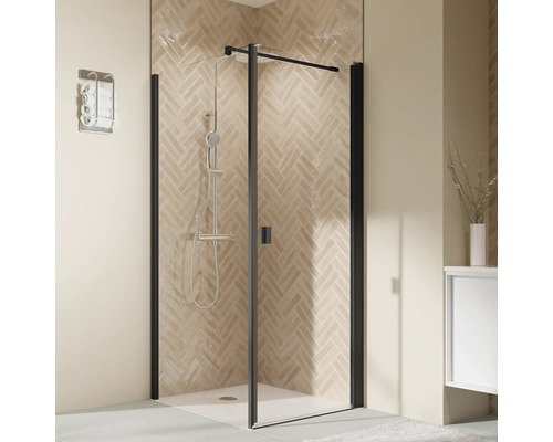 Porte de douche pour paroi latérale avec porte pivotante BREUER Elana 2.0 100 x 200 cm couleur du profilé carré noir décor de vitre verre transparent butée de porte à droite