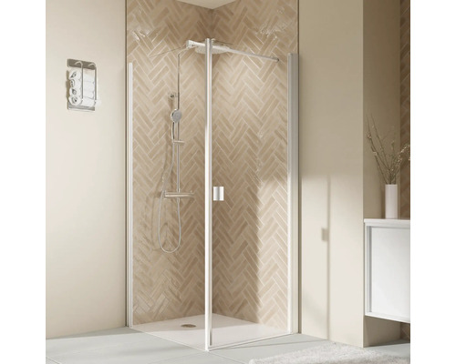 Porte de douche pour paroi latérale avec porte pivotante BREUER Elana 2.0 80 x 200 cm couleur du profilé carré blanc décor de vitre verre transparent butée de porte à droite