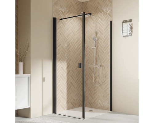 Porte de douche pour paroi latérale avec porte pivotante BREUER Elana 2.0 80 x 200 cm couleur du profilé carré noir décor de vitre verre transparent butée de porte à gauche