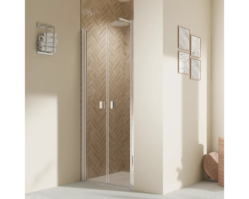 Porte de douche dans niche avec porte battante BREUER Elana 2.0 80 x 200 cm couleur du profilé carré argent décor de vitre verre transparent poignée tampon