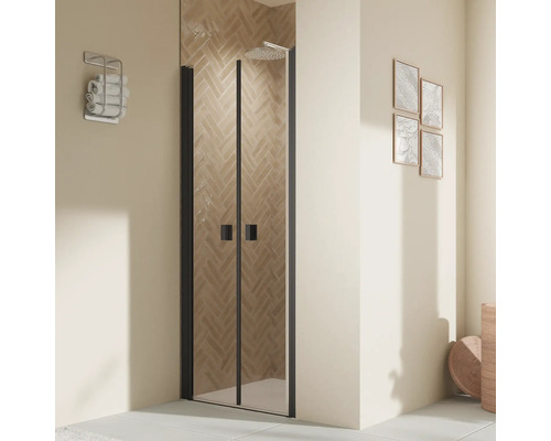 Porte de douche dans niche avec porte battante BREUER Elana 2.0 80 x 200 cm couleur du profilé carré noir décor de vitre verre transparent poignée tampon
