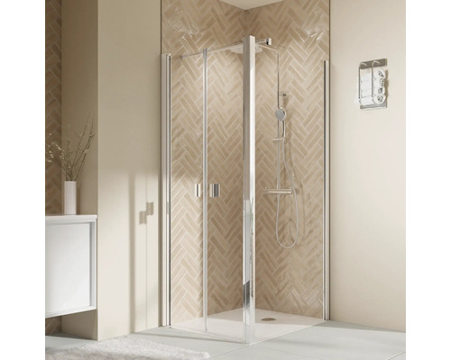 Porte de douche pour paroi latérale avec porte battante BREUER Elana 2.0 80 x 200 cm couleur du profilé carré argent décor de vitre verre transparent poignée tampon
