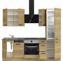 Cuisine complète avec évier, plaque de cuisson, four, hotte aspirante, combiné réfrigérateur-congélateur et armoires aspect bois