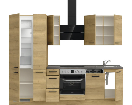 Küchenzeile mit Kühlschrank, Herd, Spüle und Dunstabzugshaube