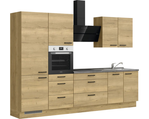 Komplette Küche mit Einbaugeräten, Spüle, Dunstabzugshaube und Holzdekor
