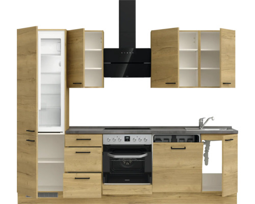 Komplette Küche mit Hängeschränken, Dunstabzugshaube, Spüle, Herd und Kühlschrank