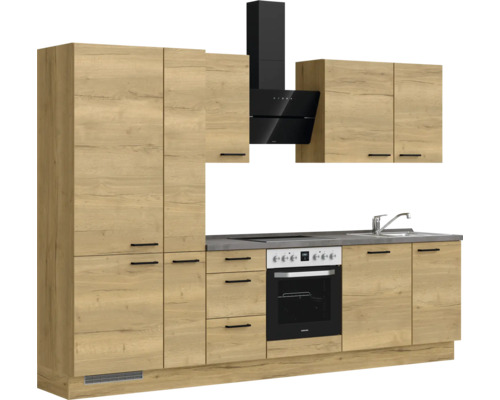 Moderne Einbauküche mit Elektrogeräten, Dunstabzugshaube und Holzdekor