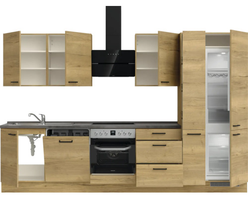 Cuisine complète avec évier, cuisinière, hotte aspirante et combiné réfrigérateur-congélateur aspect bois