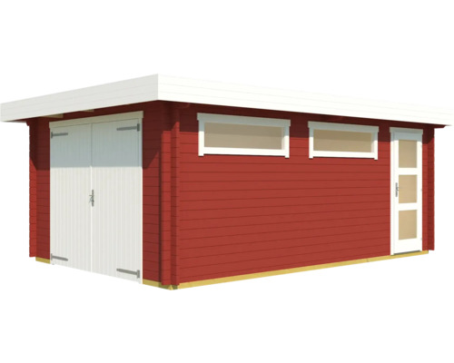 Rotes Holzgartenhaus mit Doppeltür, Fenstern und Seitentür