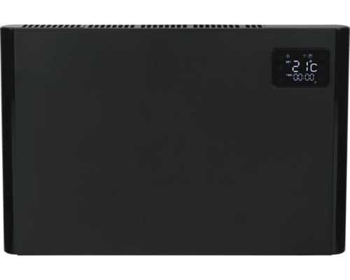 Schwarzer Heizkörper mit Digitalanzeige für Temperatur und Zeit