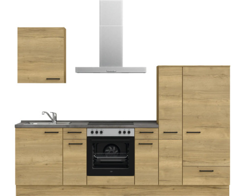 Cuisine avec évier, cuisinière, four, hotte aspirante et armoires au design bois