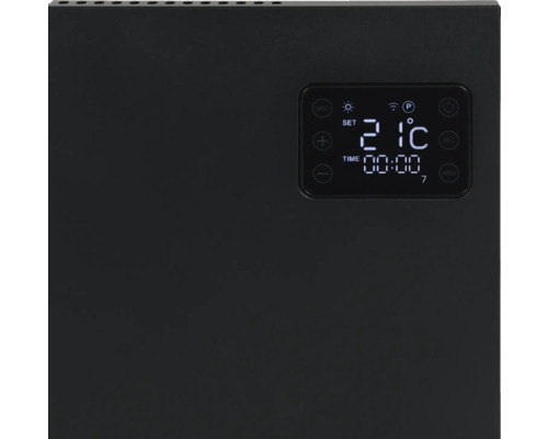 Nahaufnahme eines schwarzen Heizkörpers mit digitaler Anzeige für Temperatur und Uhrzeit