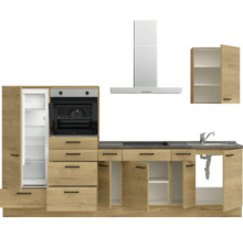 Küchenzeile mit Kühlschrank, Backofen, Dunstabzugshaube, Spüle und Hängeschrank
