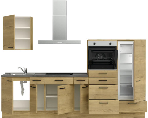 Komplette Küche mit Spüle, Herd, Backofen, Kühlschrank und Dunstabzugshaube in Holzoptik