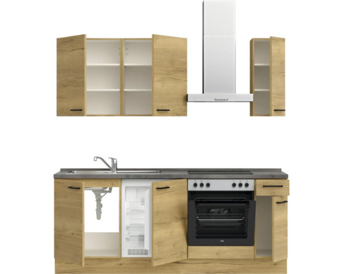 Küchenzeile mit Spüle, Kühlschrank, Backofen, Kochfeld und Dunstabzugshaube