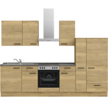 Cuisine équipée avec évier, plaque de cuisson, four, hotte aspirante et éléments hauts