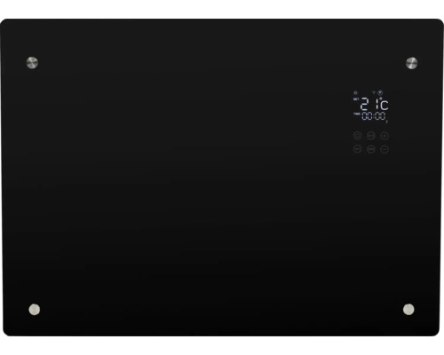 Schwarze Glasheizung mit digitaler Anzeige und Bedienelementen