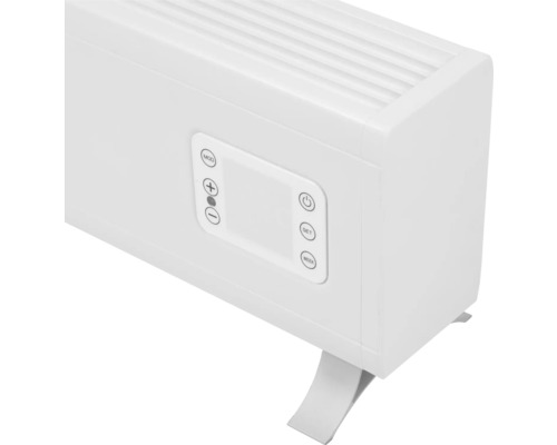 Vue détaillée d''un radiateur avec panneau de commande et pieds.