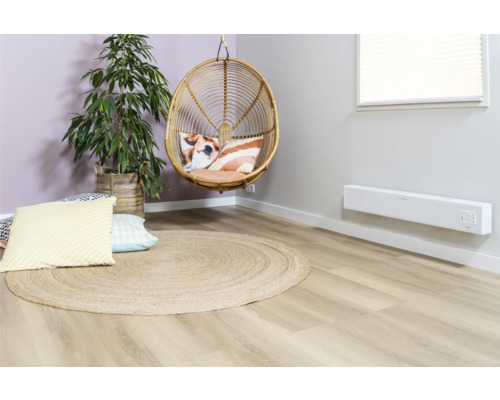 Salon avec fauteuil en rotin, tapis rond en jute, plante d''intérieur et chauffage mural