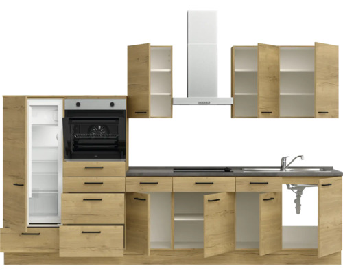 Komplette Küche mit Elektrogeräten und Holzoptik