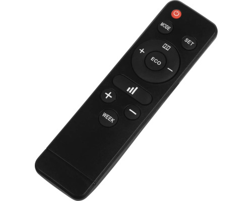 Télécommande noire avec différents boutons.