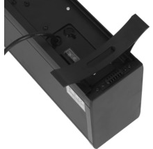 Arrière d''un appareil électronique noir avec câble, interrupteur et support