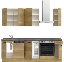 Cuisine complète avec évier, réfrigérateur, four, plaque de cuisson, hotte aspirante et armoires murales