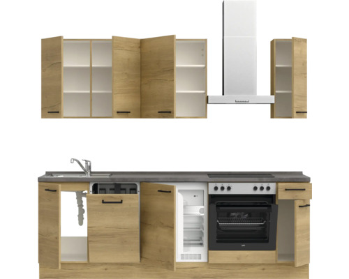 Cuisine complète avec évier, réfrigérateur, four, plaque de cuisson, hotte aspirante et armoires murales