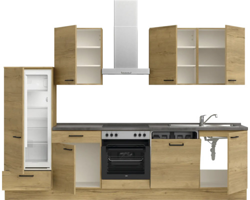 Komplette Küche mit Ober- und Unterschränken, Dunstabzugshaube, Spüle und Elektrogeräten