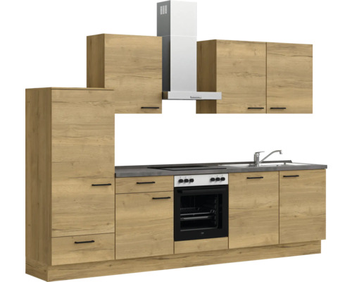 Küchenzeile mit Ober- und Unterschränken, Spüle, Herd und Dunstabzugshaube