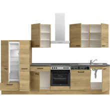 Cuisine complète avec appareils électriques, comprenant un réfrigérateur, une cuisinière, une hotte aspirante et un évier.