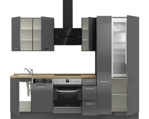 Komplette Küche mit Hängeschränken, Dunstabzugshaube, Spüle, Herd, Backofen und Kühlschrank