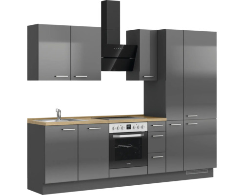 Komplette Küche mit Spüle, Herd, Backofen, Dunstabzugshaube und Hängeschränken in modernem Design