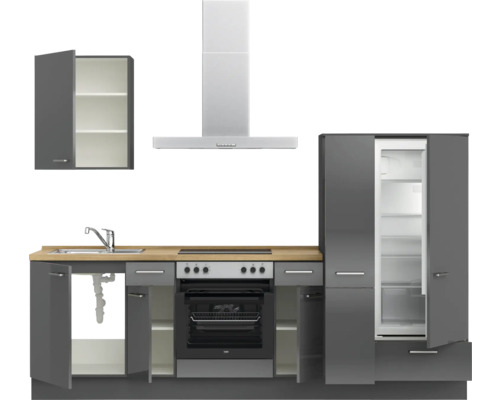 Einbauküche mit Hängeschrank, Spüle, Kochfeld, Backofen, Dunstabzugshaube und Kühlschrank