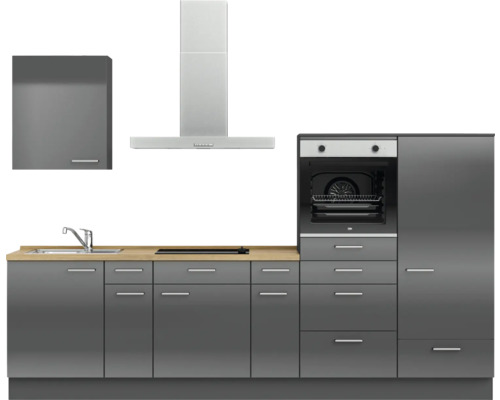 Komplette Küchenzeile mit Spüle, Kochfeld, Dunstabzugshaube, Backofen und Schränken