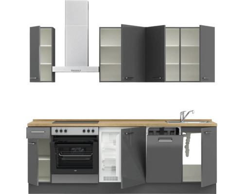 Cuisine complète avec évier, plaque de cuisson, four, hotte et meubles hauts