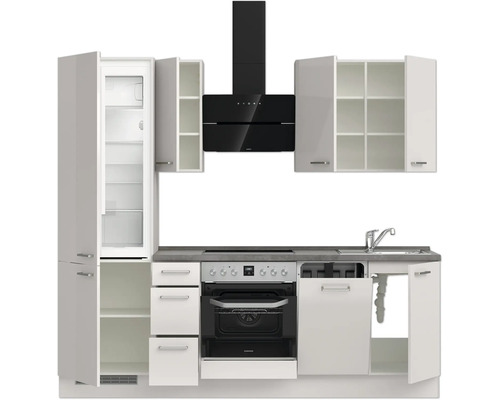 Moderne Küche mit Einbaugeräten, Spüle, Dunstabzugshaube und Schränken