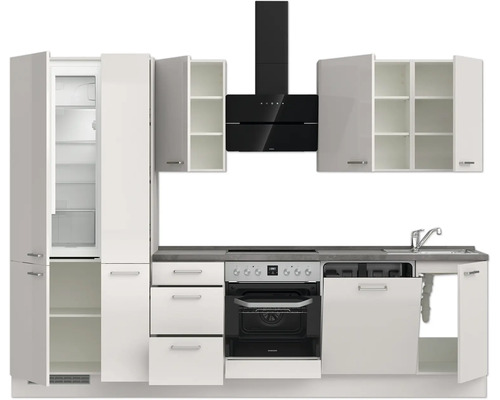 Cuisine complète avec évier, cuisinière, hotte aspirante, réfrigérateur et lave-vaisselle