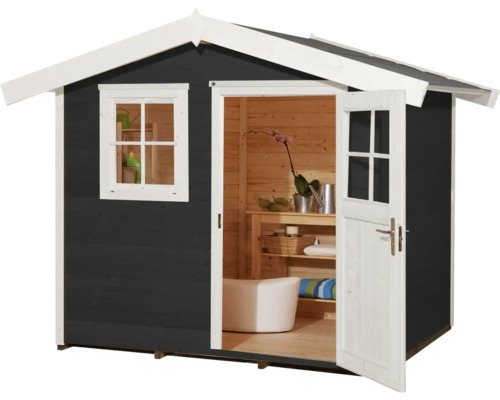 Abri de jardin avec porte ouverte et fenêtre sur le côté