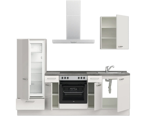 Küchenzeile mit Kühlschrank, Backofen, Kochfeld, Dunstabzugshaube, Spüle und Hängeschrank